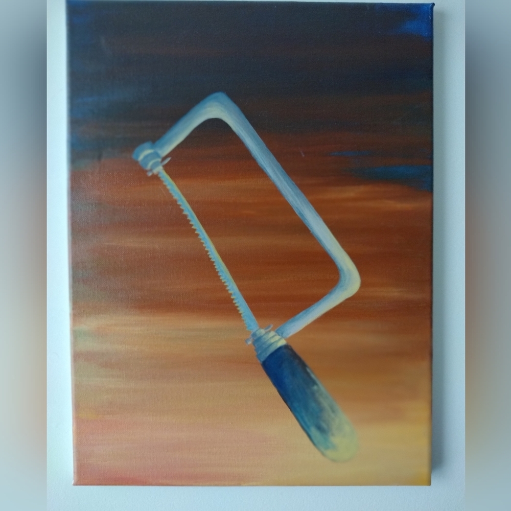 Surreal Painting, Sunset With A Floating Hack Saw, 16" X 12"